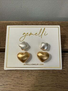 Gold & Silver Heart and Clover Stud Earring Set